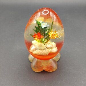 1960's Red Lucite Acrylic Egg with Seashells and Dried Flowers